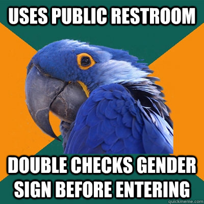 Uses public restroom Double checks gender sign before entering  Paranoid Parrot