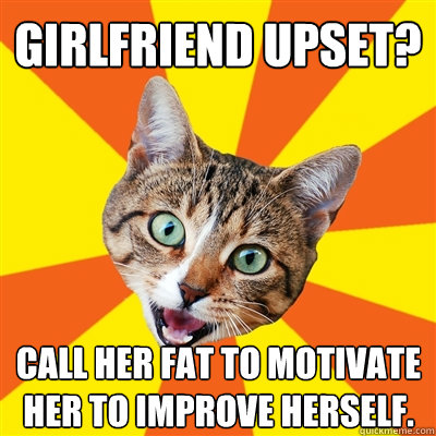 Girlfriend upset? Call her fat to motivate her to improve herself. - Girlfriend upset? Call her fat to motivate her to improve herself.  Bad Advice Cat