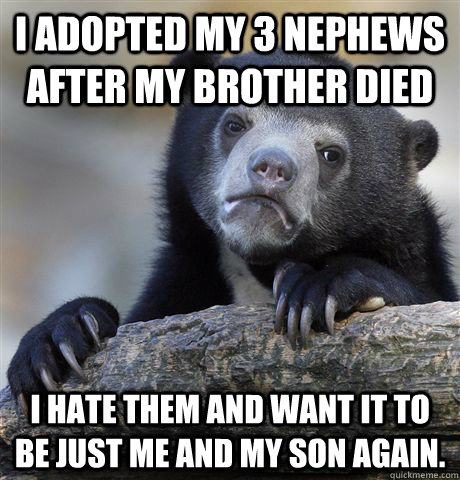 I adopted my 3 nephews after my brother died I hate them and want it to be just me and my son again.  Confession Bear