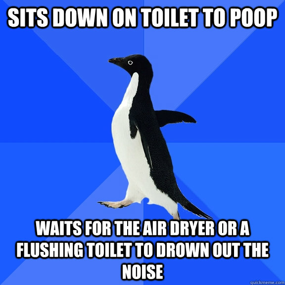 Sits down on toilet to poop waits for the air dryer or a flushing toilet to drown out the noise  Socially Awkward Penguin