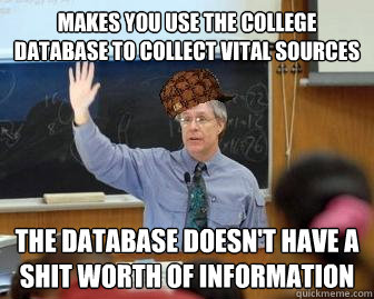 makes you use the college database to collect vital sources the database doesn't have a shit worth of information  Scumbag Professor