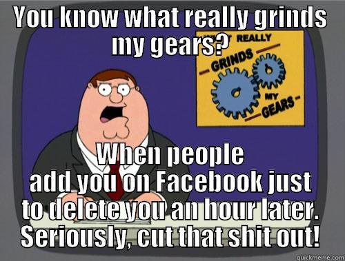 YOU KNOW WHAT REALLY GRINDS MY GEARS? WHEN PEOPLE ADD YOU ON FACEBOOK JUST TO DELETE YOU AN HOUR LATER. SERIOUSLY, CUT THAT SHIT OUT! Grinds my gears