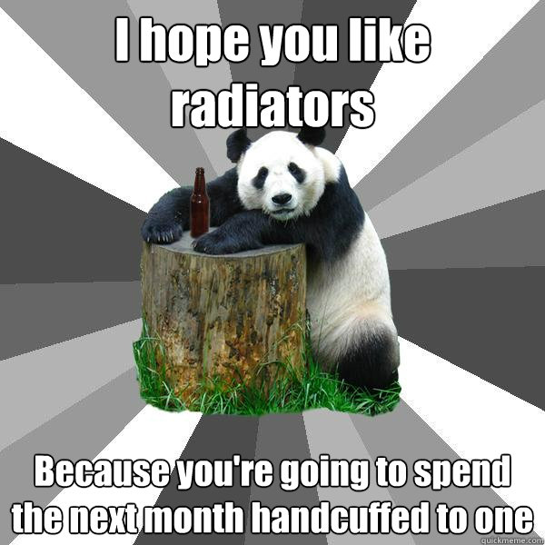 I hope you like radiators Because you're going to spend the next month handcuffed to one  Pickup-Line Panda