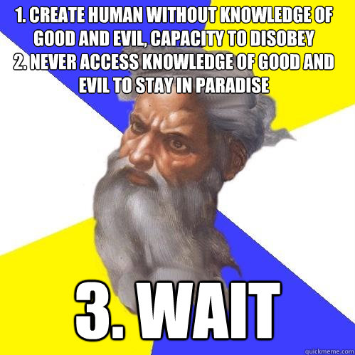1. Create human without knowledge of good and evil, capacity to disobey
2. Never access knowledge of good and evil to stay in paradise 3. Wait  Advice God