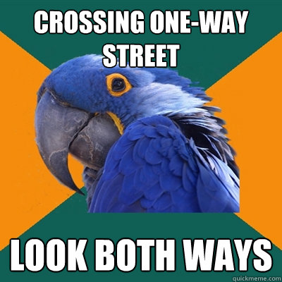 Crossing one-way street look both ways  Paranoid Parrot