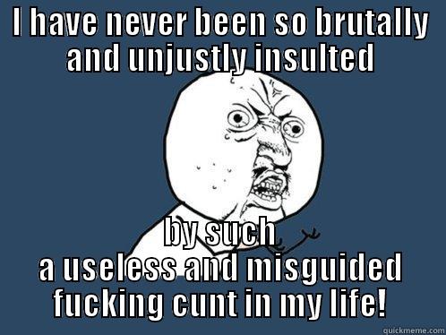 I HAVE NEVER BEEN SO BRUTALLY AND UNJUSTLY INSULTED BY SUCH A USELESS AND MISGUIDED FUCKING CUNT IN MY LIFE! Y U No