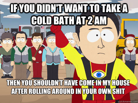 if you didn't want to take a cold bath at 2 am then you shouldn't have come in my house after rolling around in your own shit  Captain Hindsight