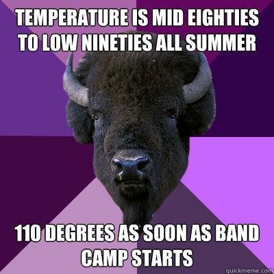 Temperature is mid eighties to low nineties all summer 110 degrees as soon as band camp starts  Band Buffalo
