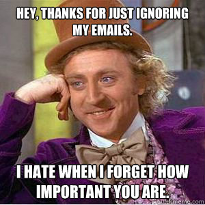 Hey, thanks for just ignoring my emails. I hate when I forget how important you are. - Hey, thanks for just ignoring my emails. I hate when I forget how important you are.  willy wonka