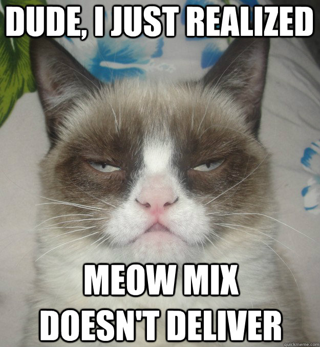 dude, i just realized meow mix doesn't deliver - dude, i just realized meow mix doesn't deliver  Misc