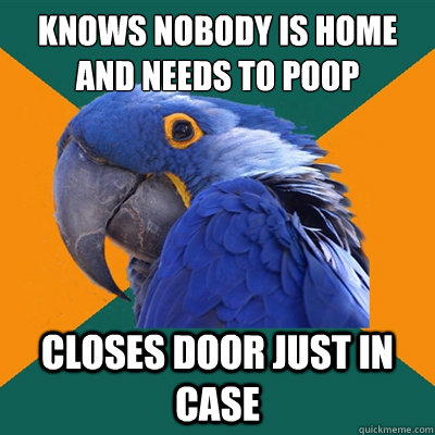 knows nobody is home and needs to poop closes door just in case  Paranoid Parrot