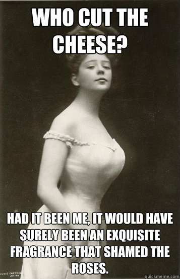 Who cut the cheese? Had it been me, it would have surely been an exquisite fragrance that shamed the roses. - Who cut the cheese? Had it been me, it would have surely been an exquisite fragrance that shamed the roses.  Overly Ladylike Lady