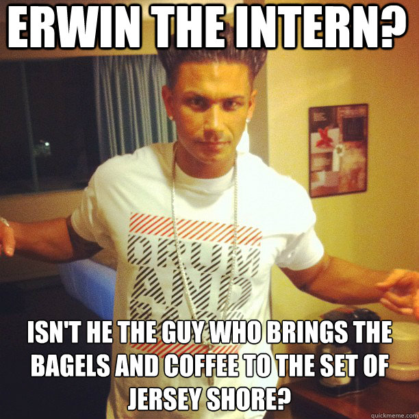 ERWIN the INTERN? isn't he the guy who brings the bagels and coffee to the set of Jersey Shore?  Drum and Bass DJ Pauly D