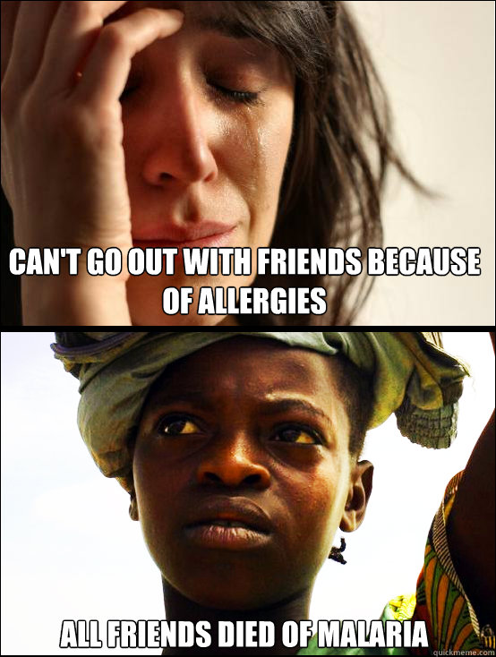 Can't go out with friends because of allergies All friends died of malaria - Can't go out with friends because of allergies All friends died of malaria  First vs Third World Problems