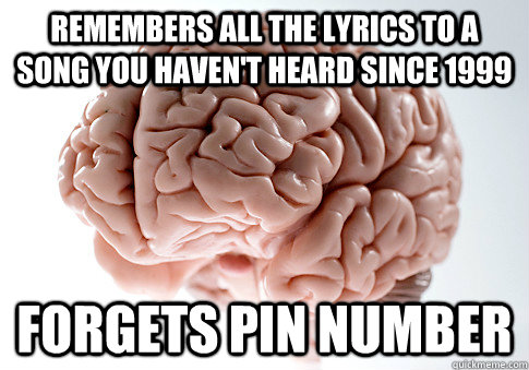 REMEMBERS ALL THE LYRICS TO A SONG YOU HAVEN'T HEARD SINCE 1999 forgets pin number  Scumbag Brain