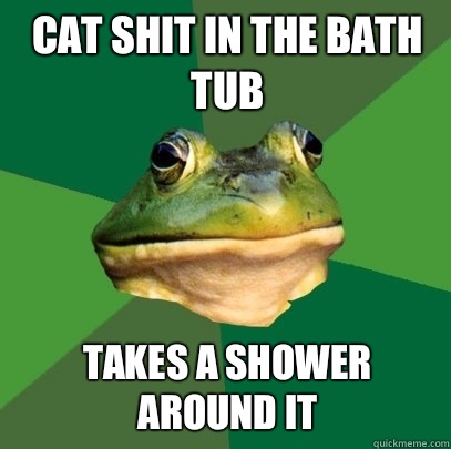 Cat shit in the bath tub Takes a shower around it  Foul Bachelor Frog