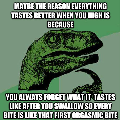 Maybe the reason everything tastes better when you high is because You always forget what it  tastes like after you swallow so every bite is like that first orgasmic bite  Philosoraptor