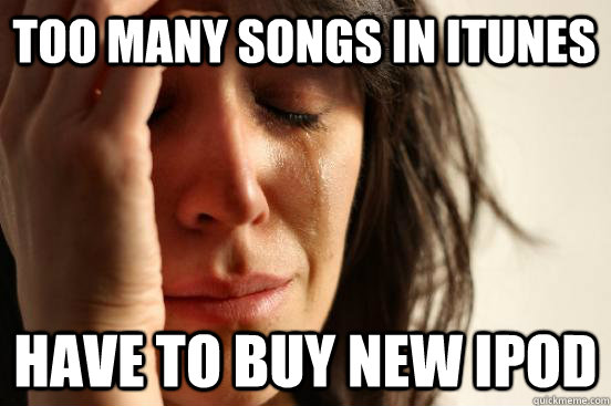 Too many songs in itunes Have to buy new ipod  First World Problems