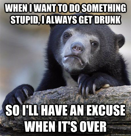 When I want to do something stupid, I always get drunk So I'll have an excuse when it's over  Confession Bear