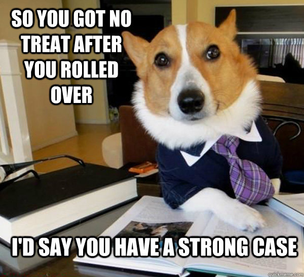 so you got no treat after you rolled over I'd say you have a strong case  - so you got no treat after you rolled over I'd say you have a strong case   Lawyer