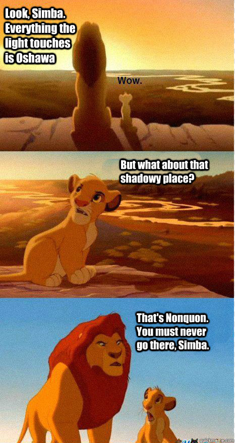 Look, Simba. Everything the light touches is Oshawa But what about that shadowy place? That's Nonquon. You must never go there, Simba.  Mufasa and Simba