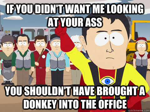 If you didn't want me looking at your ass You shouldn't have brought a donkey into the office  Captian Hindsight