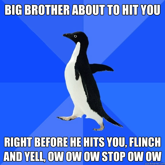 big brother about to hit you right before he hits you, flinch and yell, ow ow ow stop ow ow   Socially Awkward Penguin