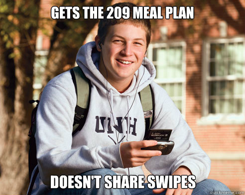 Gets the 209 meal plan Doesn't share swipes - Gets the 209 meal plan Doesn't share swipes  College Freshman
