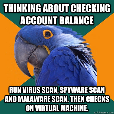 Thinking about checking account balance run virus scan, spyware scan and malaware scan. Then checks on virtual machine.  Paranoid Parrot
