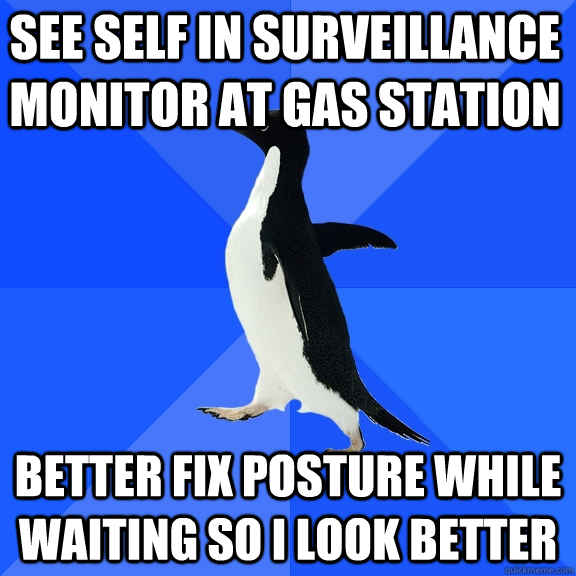 better fix posture while waiting so i look better see self in surveillance monitor at gas station  Socially Awkward Penguin
