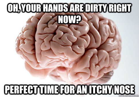 Oh, your hands are dirty right now? perfect time for an itchy nose  Scumbag Brain