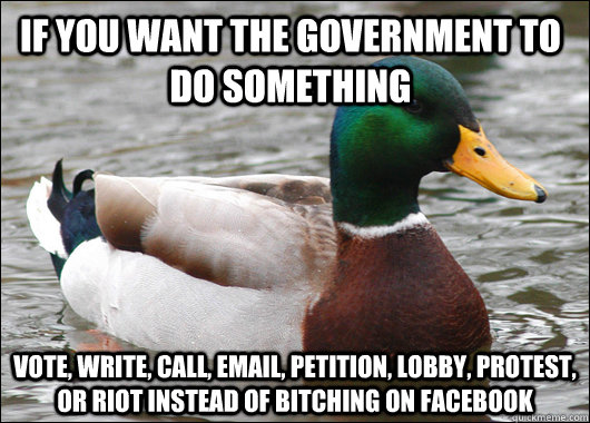 if you want the government to do something vote, write, call, email, petition, lobby, protest, or riot instead of bitching on facebook  Actual Advice Mallard