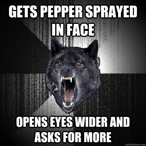 Gets pepper sprayed in face Opens eyes wider and asks for more  Insanity Wolf