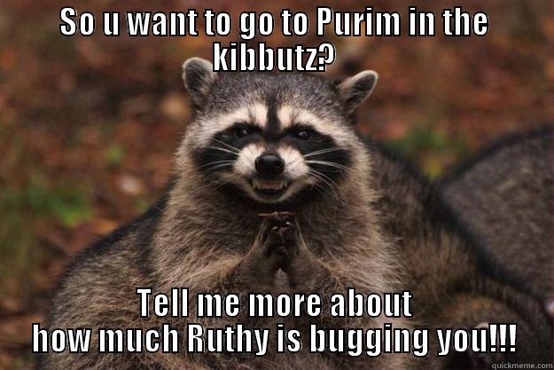 SO U WANT TO GO TO PURIM IN THE KIBBUTZ? TELL ME MORE ABOUT HOW MUCH RUTHY IS BUGGING YOU!!! Evil Plotting Raccoon
