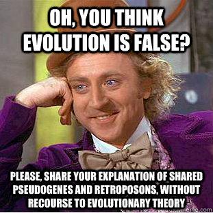 Oh, you think evolution is false? Please, share your explanation of shared pseudogenes and retroposons, without recourse to evolutionary theory  Condescending Wonka