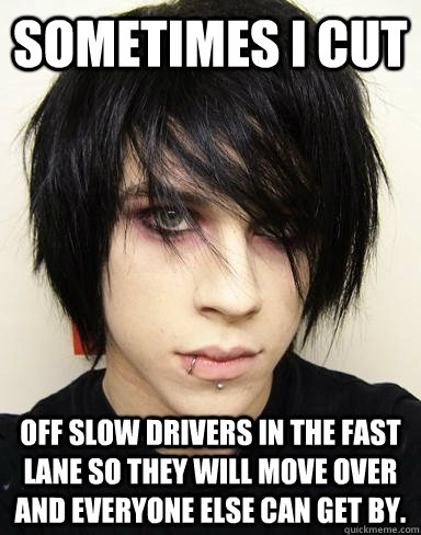 Sometimes I cut off slow drivers in the fast lane so they will move over and everyone else can get by. - Sometimes I cut off slow drivers in the fast lane so they will move over and everyone else can get by.  Emo Kid