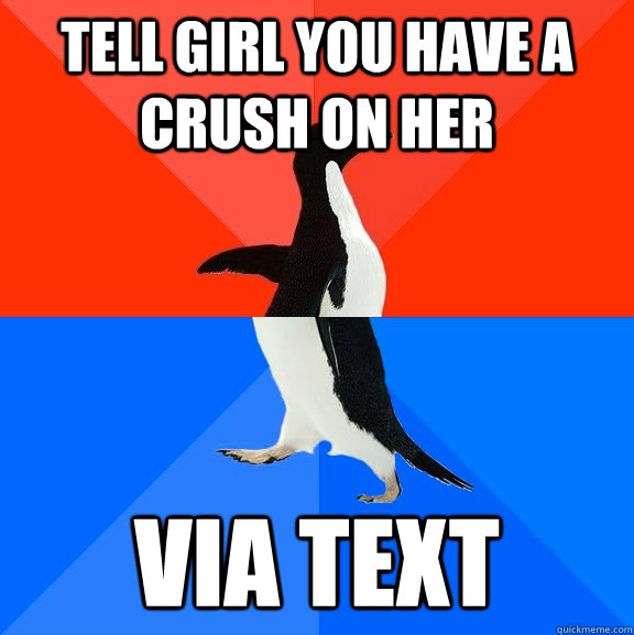 Tell girl you have a crush on her Via text  Socially Awesome Awkward Penguin