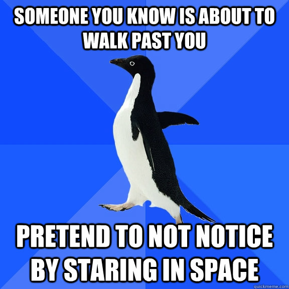 Someone you know is about to walk past you pretend to not notice by staring in space  Socially Awkward Penguin