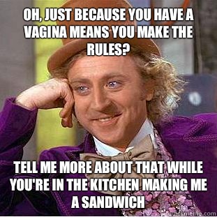 Oh, just because you have a vagina means you make the rules? Tell me more about that while you're in the kitchen making me a sandwich   Condescending Wonka