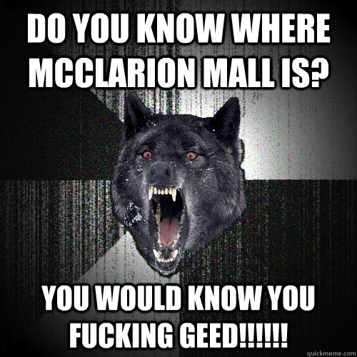 Do you know where McClarion Mall is? YOU WOULD KNOW YOU FUCKING GEED!!!!!!  Insanity Wolf