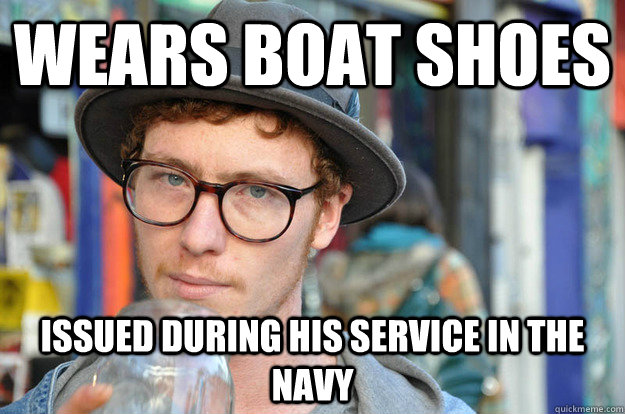 wears boat shoes issued during his service in the navy  