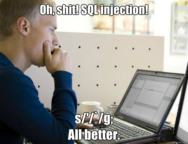 Oh, shit! SQL injection! s/'/`/g;
All better.  Programmer