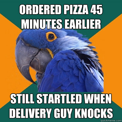 ordered pizza 45 minutes earlier still startled when delivery guy knocks  Paranoid Parrot