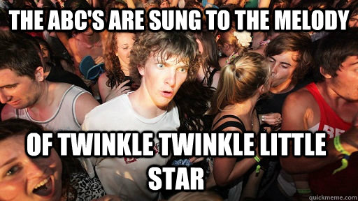 The ABC's are sung to the melody of twinkle twinkle little star  Sudden Clarity Clarence