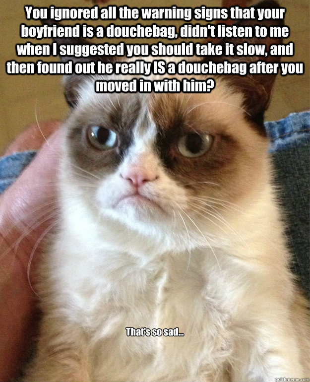 You ignored all the warning signs that your boyfriend is a douchebag, didn't listen to me when I suggested you should take it slow, and then found out he really IS a douchebag after you moved in with him? That's so sad... - You ignored all the warning signs that your boyfriend is a douchebag, didn't listen to me when I suggested you should take it slow, and then found out he really IS a douchebag after you moved in with him? That's so sad...  Grumpy Cat