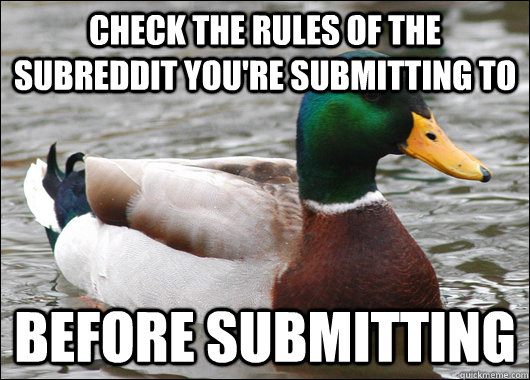 Check the rules of the subreddit you're submitting to before submitting  Actual Advice Mallard