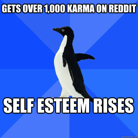 Gets over 1,000 Karma on reddit Self esteem rises  Socially Awkward Penguin