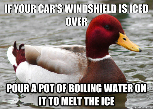 If your car's windshield is iced over
 Pour a pot of boiling water on it to melt the ice  Malicious Advice Mallard