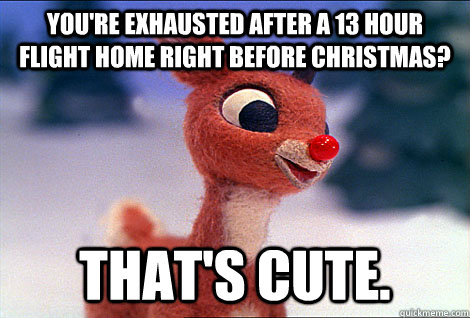 YOU'RE EXHAUSTED AFTER A 13 HOUR FLIGHT HOME RIGHT BEFORE CHRISTMAS? THAT'S CUTE.  Condescending Rudolph