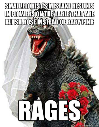 small florist's mistake results in flowers on the table that are blush rose instead of baby pink rages  Bridezilla